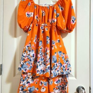 Terno top and short for summerorange floral, smocked style, size Small to Medium